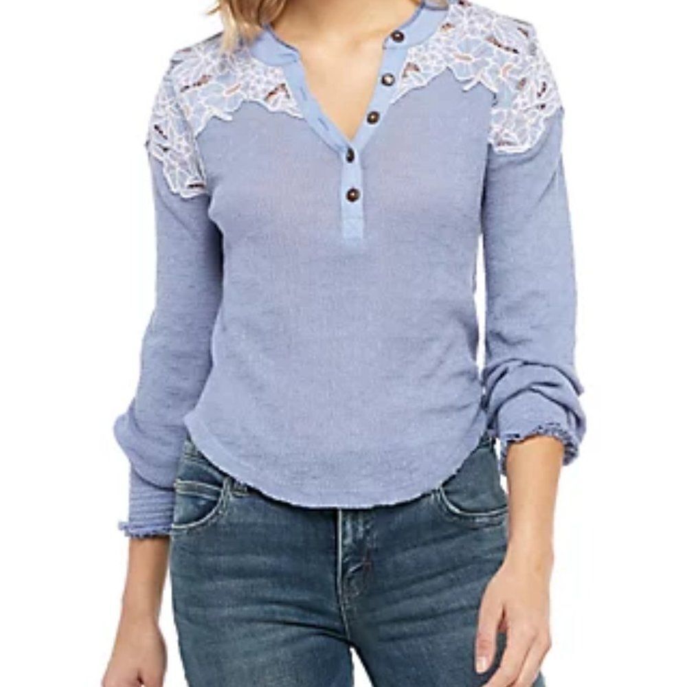 Free People Easy Breezy Appliqué Henley Top size XS in Blue